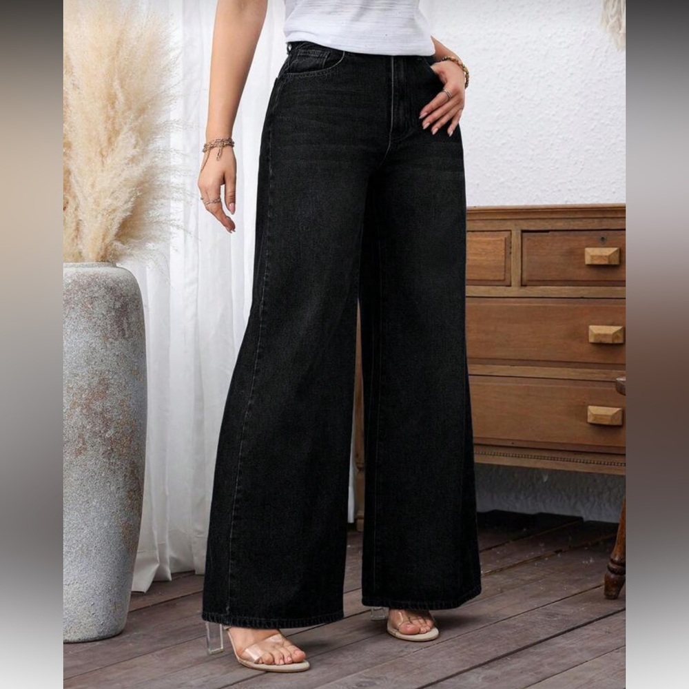 Women's Black Denim Wide-Leg Pants Jeans - Picture 6 of 7